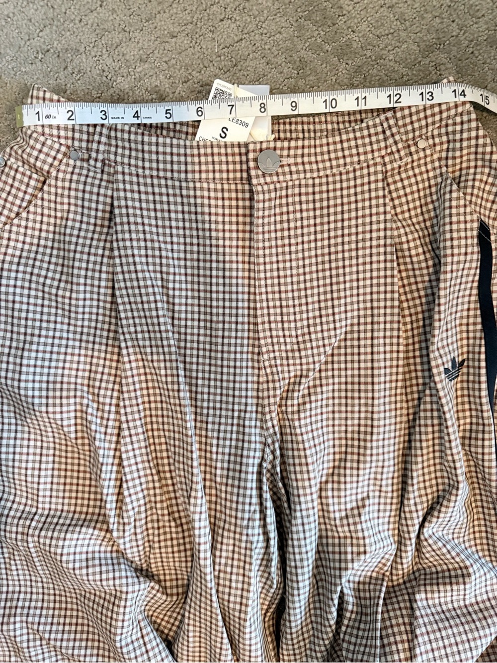 adidas Tan Brown Checked Wide Leg Pants with Black Side Stripes - Picture 5 of 8